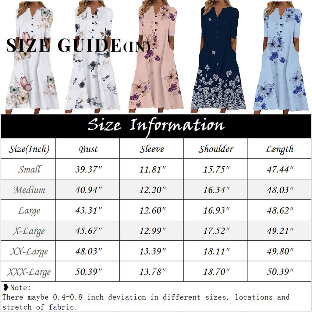 Women's Butterfly Floral Print Short Sleeve Midi Dress Casual V Neck Button Pockets Long Beach Dresses