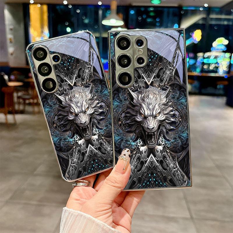 Dark Fantasy Wolf Electroplated Silver Phone Case For Samsung Galaxy S26 S25 S24 S23 S22 S21 S20 Ultra Plus FE S26+ Glass Cover