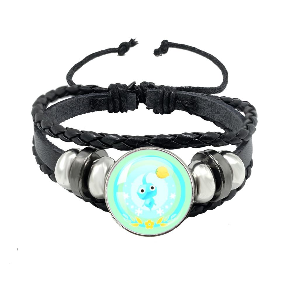 Creative Game Pikmin Cartoon Button Rope Button Glass Cabochon Handmade Black Leather Bracelet Jewelry Charm Gift
