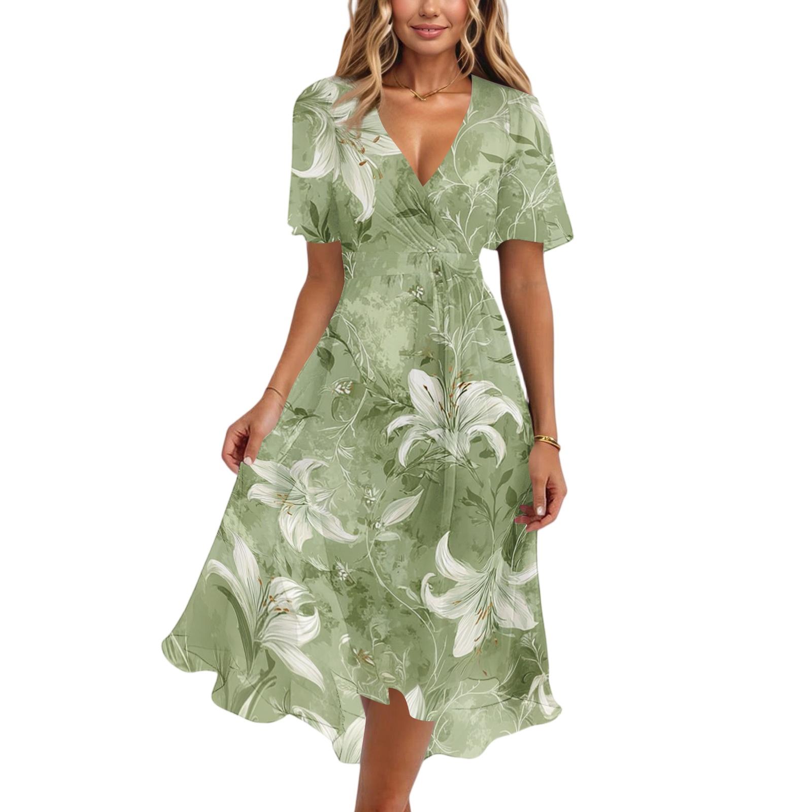 

Women s Fashion Casual V Neck Short Sleeve Ruffled Vintage Printed Dresses XL червоний