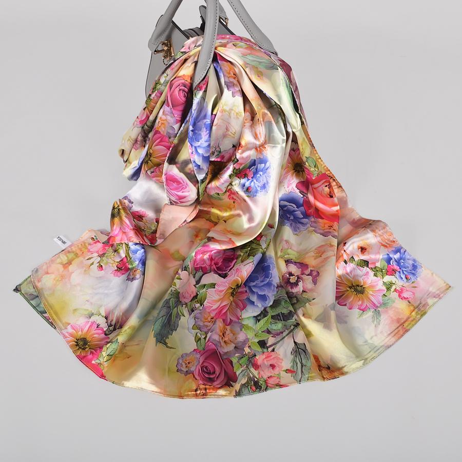 [BYSIFA] Fall New Silk Scarf Hijab Printed Elegant Green Plum Blossom Satin Long Scarves Shawls Winter Women Accessories Wraps