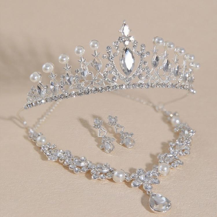 Elegant Evening Accessories Set Crystal Hair Crown Drop Earrings Pendant Necklace Wedding Headpiece for Daily Party