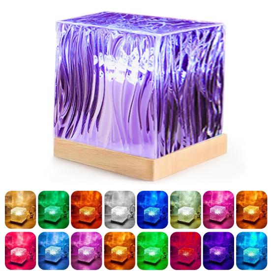 Ocean Wave Projector Lamp Night Light Remote Control 16-Colors Gradual Rotating Flame Water Lamp with Wooden Base