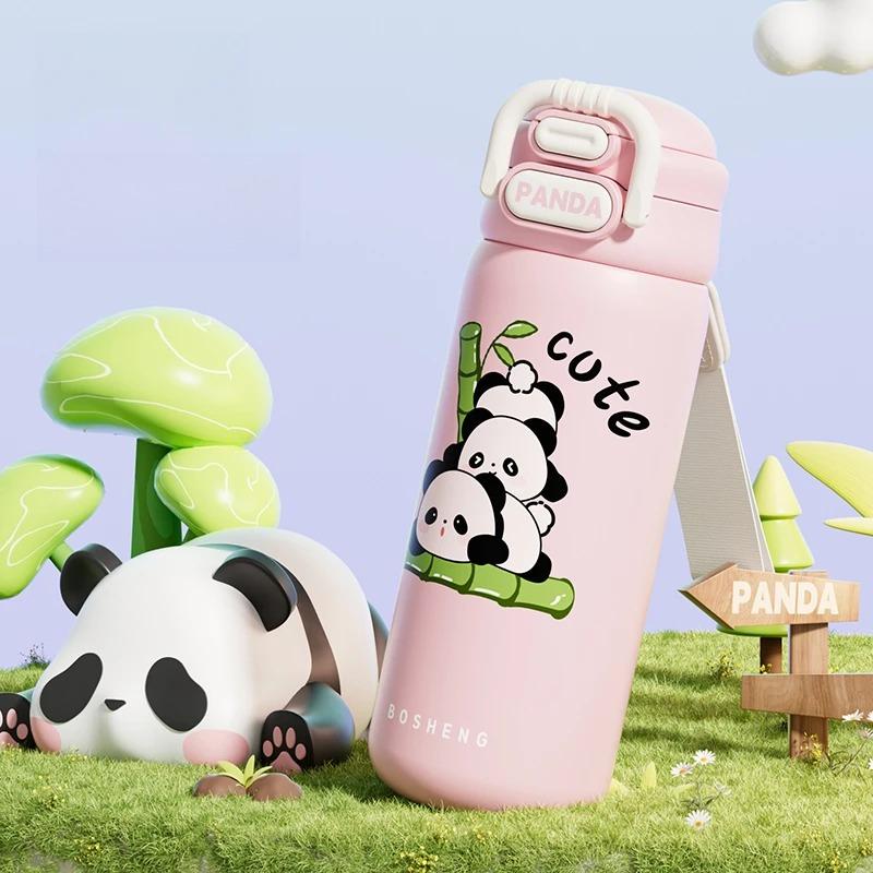 Stainless Steel Thermos Cup Cute Panda Straw Water Cup Children and Students Double Elastic Cover Tide Play Sports Water Cup 400ml розовый