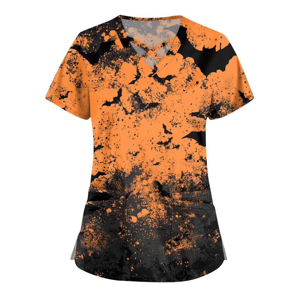 Damenmode V-Ausschnitt Kurzarm Overalls Doppeltasche Halloween Aufdruck Oberteile Bekleidung