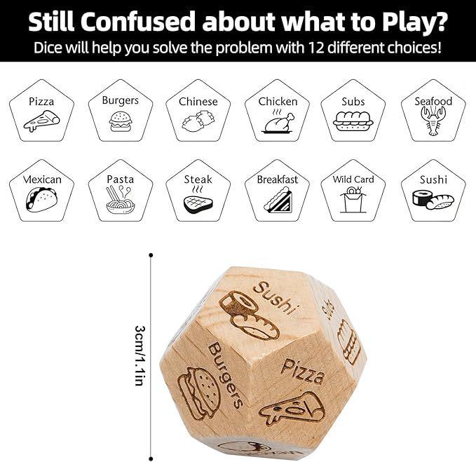 Beech Wood Twelve-Sided Decision Dice for Food, Activity, Movie, and Date Night