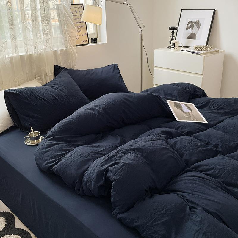 Bed Sheet Quilt Cover Nude Sleeping Pure Cotton Four-piece Set Washed Cotton Soft Bed Sheet Quilt Cover Solid Color Bedding