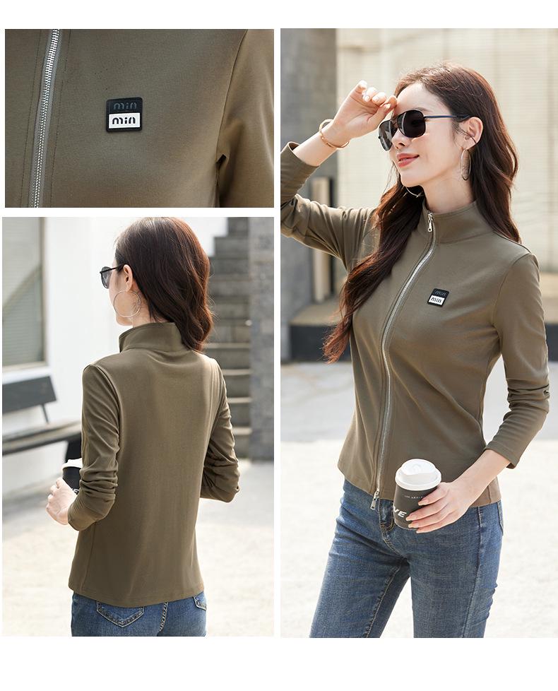Women's Pure Cotton Long Sleeve Zipper Cardigan with Stand-Up Collar - Autumn Fashion Outerwear Top