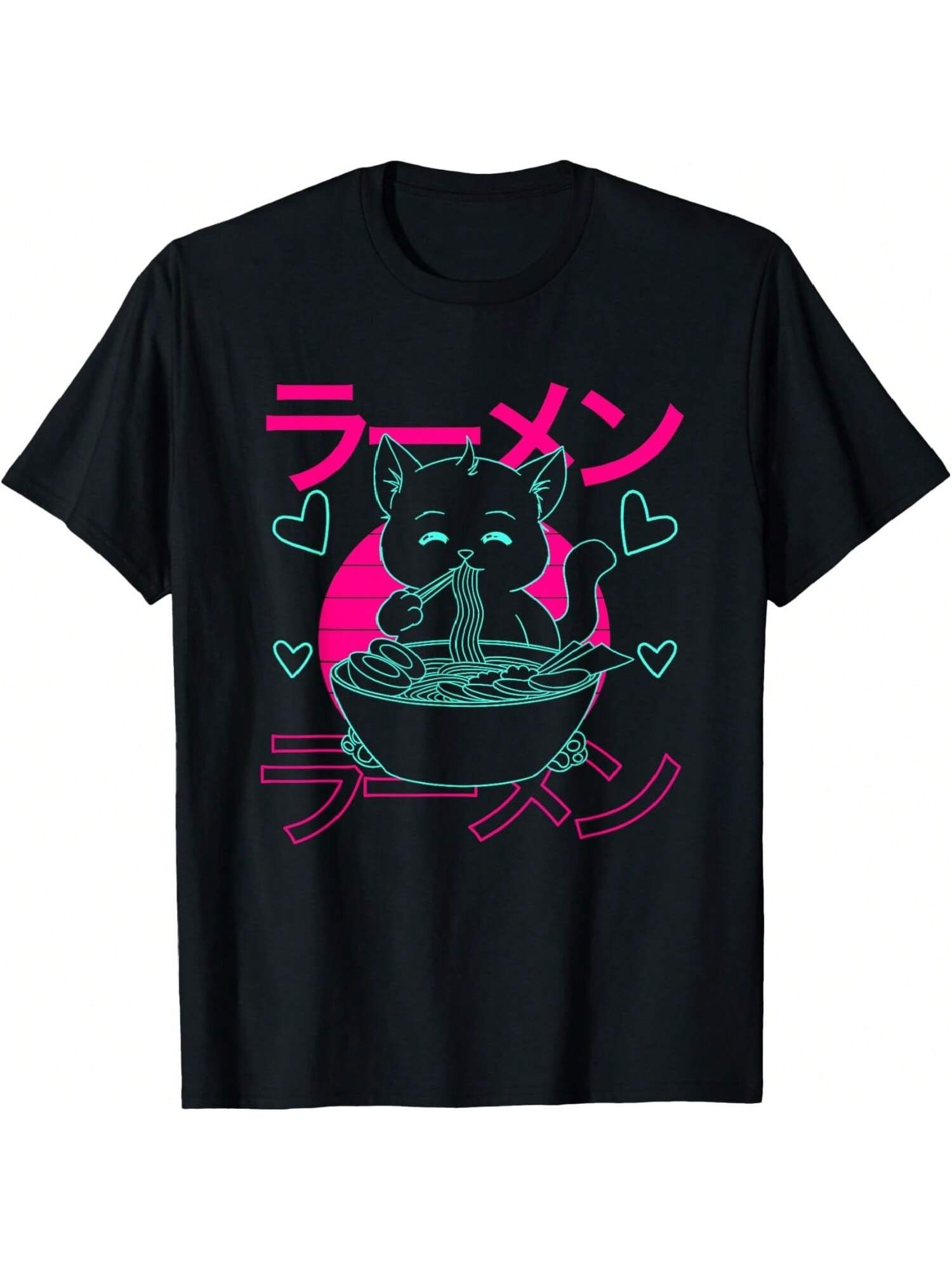 Aesthetic Anime Raunisex Cat Retro Japanese Noodles Kawaii T-Shirt S разноцветный
