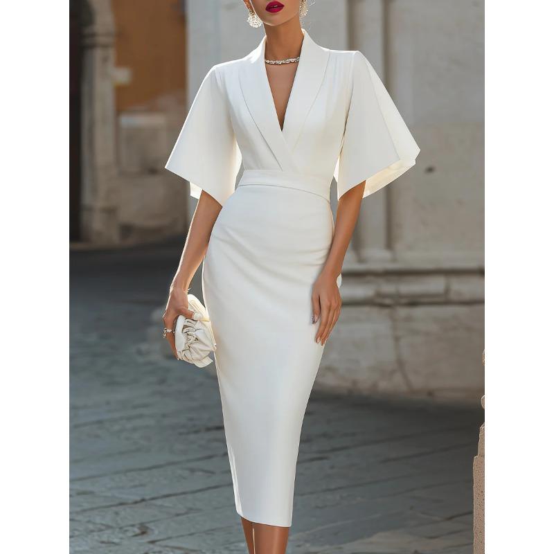 GMXIA Women's Fashion Summer Spring Short Sleeve V-Neck Solid Color Print Casual Dresses