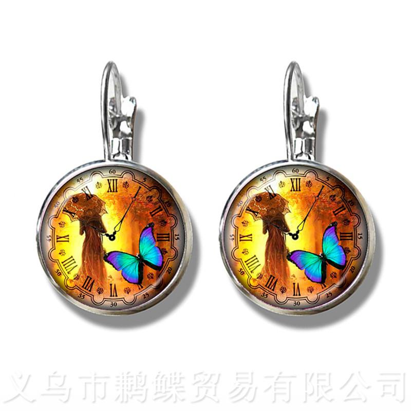

New Beautiful Blue Butterfly Glass Dome Birds Art Picture Glass Cabochon Dome Silver Plated Stud Earrings For Women Gift