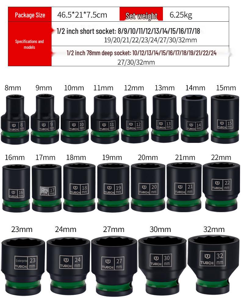 35-Piece Small Air Impact Wrench Set with Extended Hex Sockets (8-32), Long/Short Combination, Color Ring Head