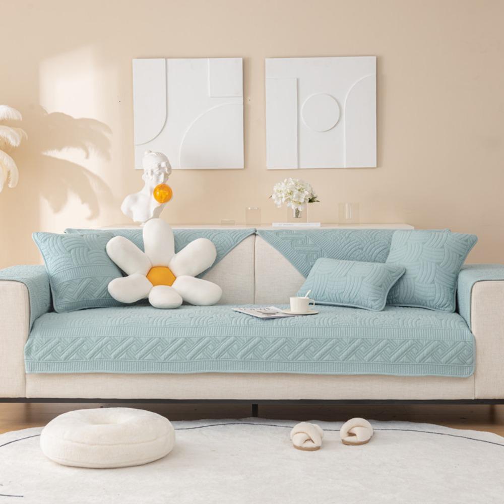 Washable Cotton Quilted Sofa Protector Non Slip Modern Embroidery Sofa Cover All Season Use