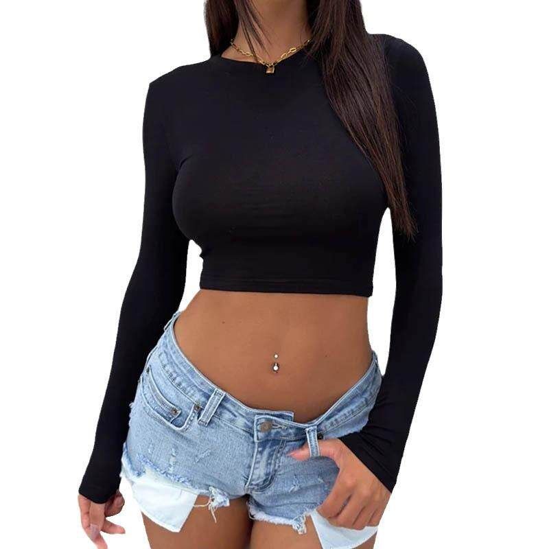 Long-Sleeved T-Shirt for Women, Fashionable Hot Girl Style, European and American New Autumn and Winter Base Shirt, Tight-Fitting Sexy Short Crop Top