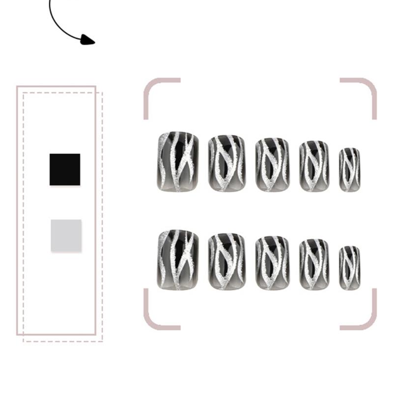 24 Pcs Flame Artificial Nail Black Gradient Press On Nail Square Stick On Nail Glittering False Nail for Woman