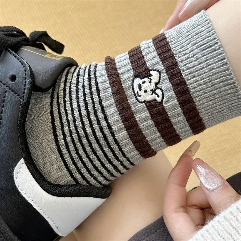 Autumn and Winter Striped Embroidered Puppy Cartoon Mid-calf Socks for Girls