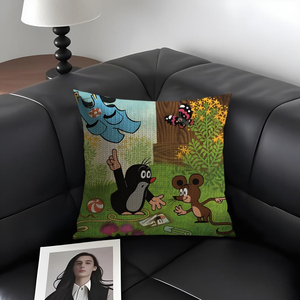 TThe LittleE Mole Cartoon Cushion Cover Natural Linen Organic Fabric DoubleSided Printing Sofa Home Decor Gift Pillow Case