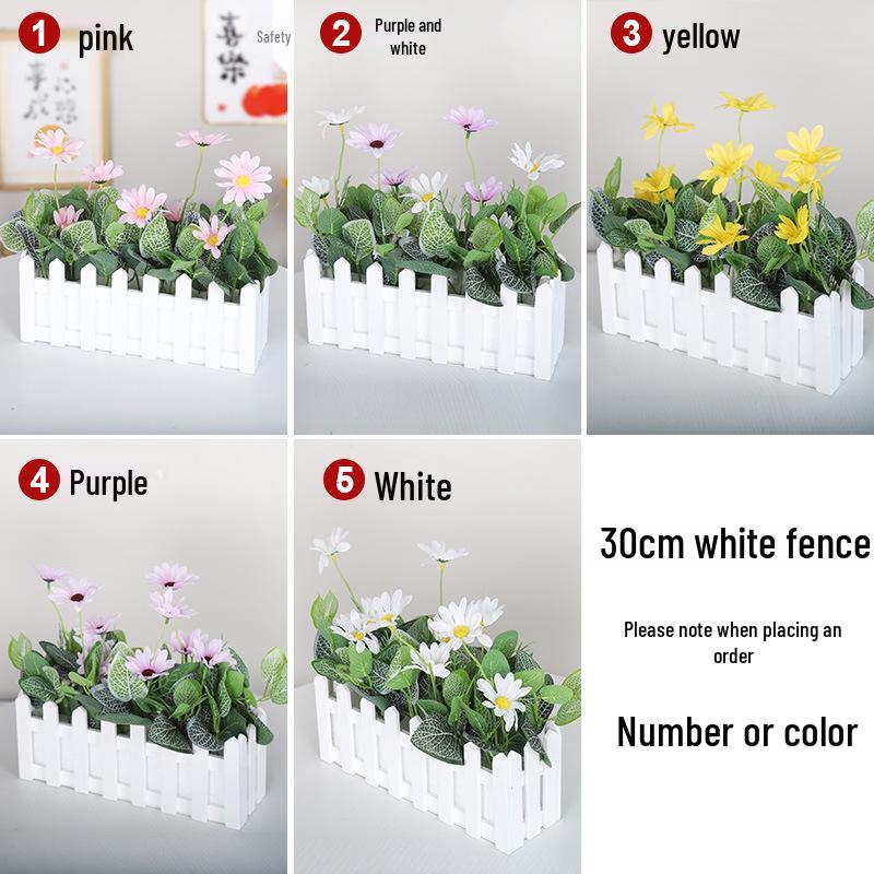 Silk Flower Pot with Wood Fence: Decorative Bonsai for Living Room or Office.