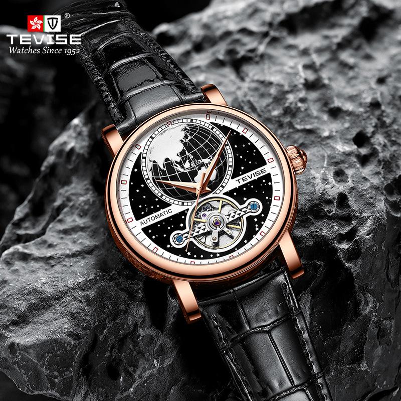 TEVISE Tourbillon Uhr Leuchtend Mechanisch Skelett Herren Armbanduhr Wasserdicht Echtes Leder Uhr
