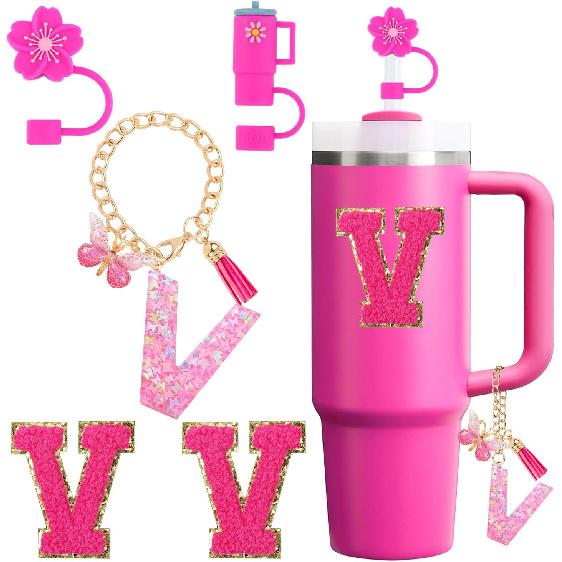 Cup Accessories Set for Stanley Cup 30oz 40oz tumbler with handle, Including Silicone Straw Topper Cover Cap, Handle Charm, Initials Sticker Fuchsia