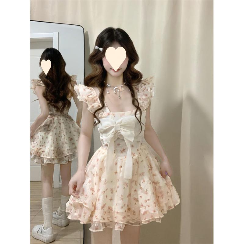Small fresh floral gauze skirt Japanese sweet butterfly age-reducing small fluffy princess skirt waist and thin A-shaped skirt