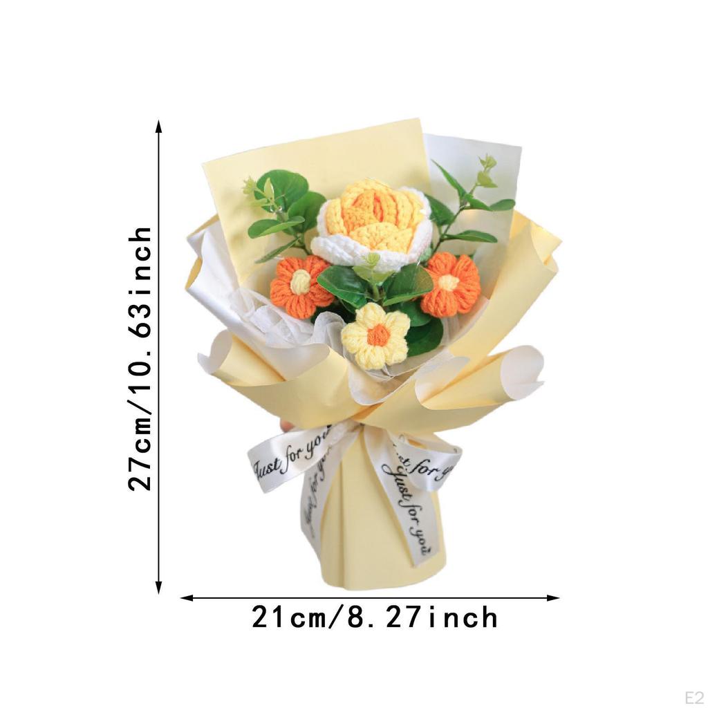 Completed Crochet Flower Bouquet Artificial Eucalyptus Leaves Ornament Handmade Knitted for