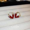 Square love red earrings literary and artistic fan temperament retro stud earrings New Year's earrings women