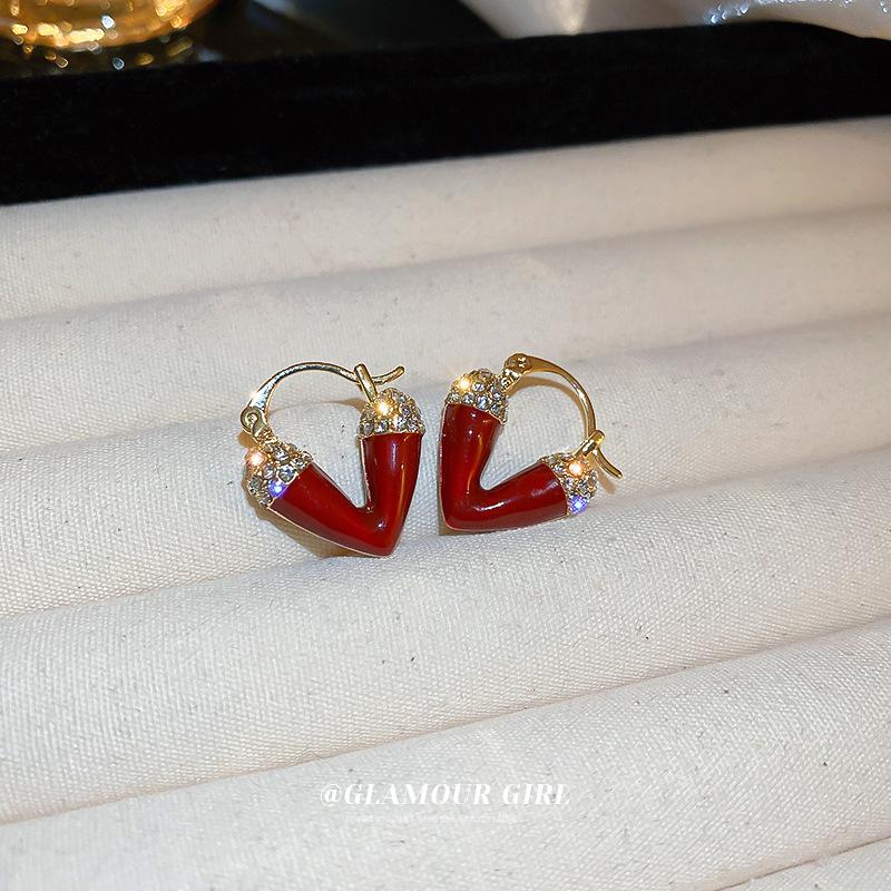 Square love red earrings literary and artistic fan temperament retro stud earrings New Year's earrings women