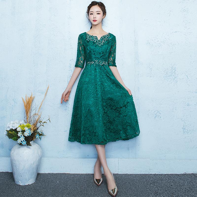 

Evening dress new fashion thin mid-sleeved bridesmaid dress medium and long thin dress Korean S зелёный