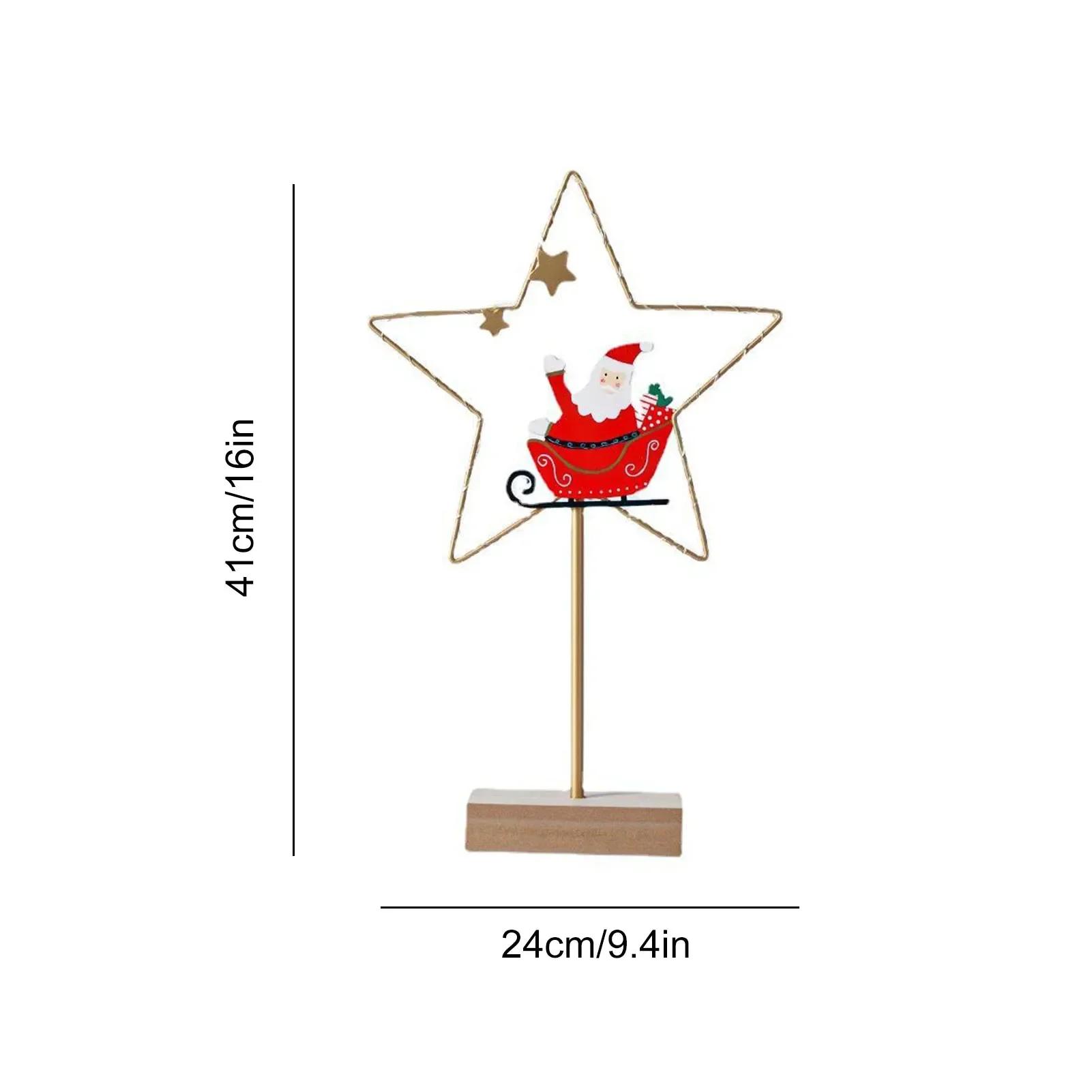 

LED Heart-Shaped Pentagonal Star Iron Decoration Ornaments With Wooden Base 2025 New Year Christmas Decorative Light Home Decor