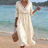 2026 European and American spring and summer new elegant casual V-neck solid color medium-sleeved women's dress