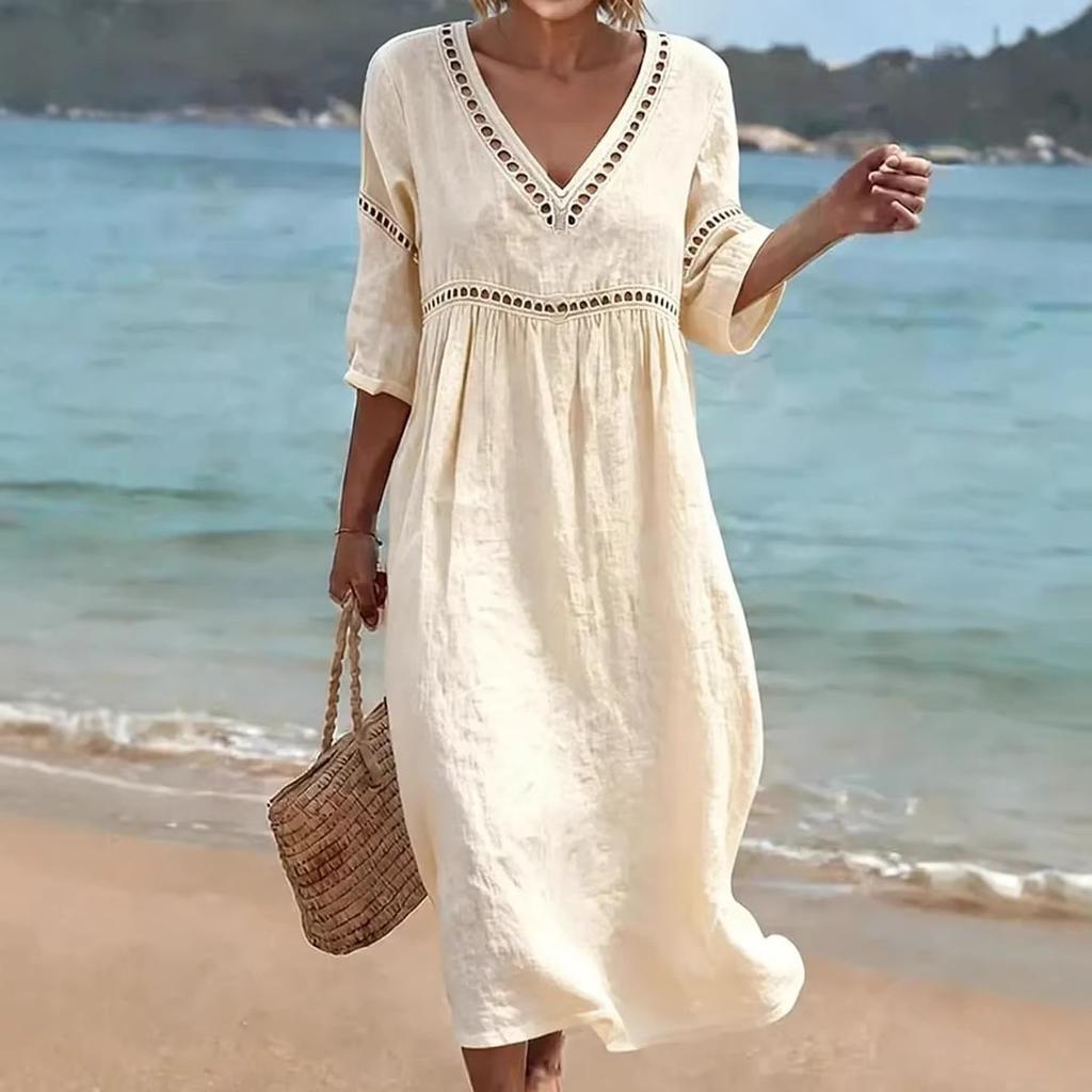 2026 European and American spring and summer new elegant casual V-neck solid color medium-sleeved women's dress