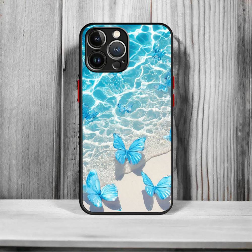 Blue Butterfly Ocean Waves Shockproof Matte Phone Case For IPhone 16 15 14 13 12 11 Pro Max X XR XS MAX Mini