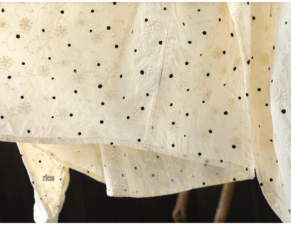 Women's Spring 2026 Polka Dot Lace Collar Cotton Shirt with Embroidered Jacquard Design