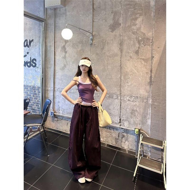 Kumikumi Gyaru Set Contrast Color Fake Two Pieces Cami Women Summer Drawstring High Waist Wide Leg Pants Two-piece Set