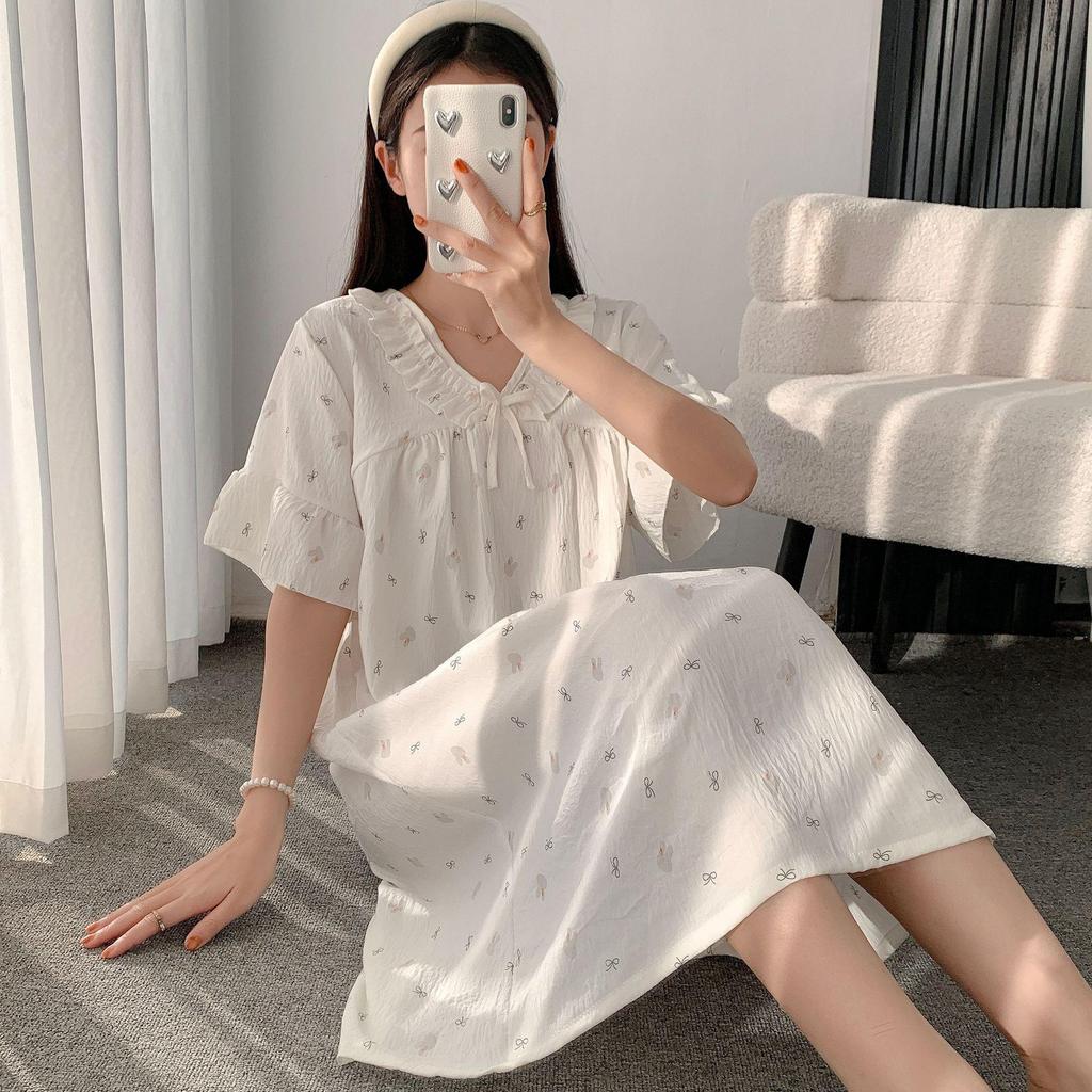 Cloud Cotton Summer Pajama Dress - Women's Short Sleeve Sweet Girl Print Homewear
