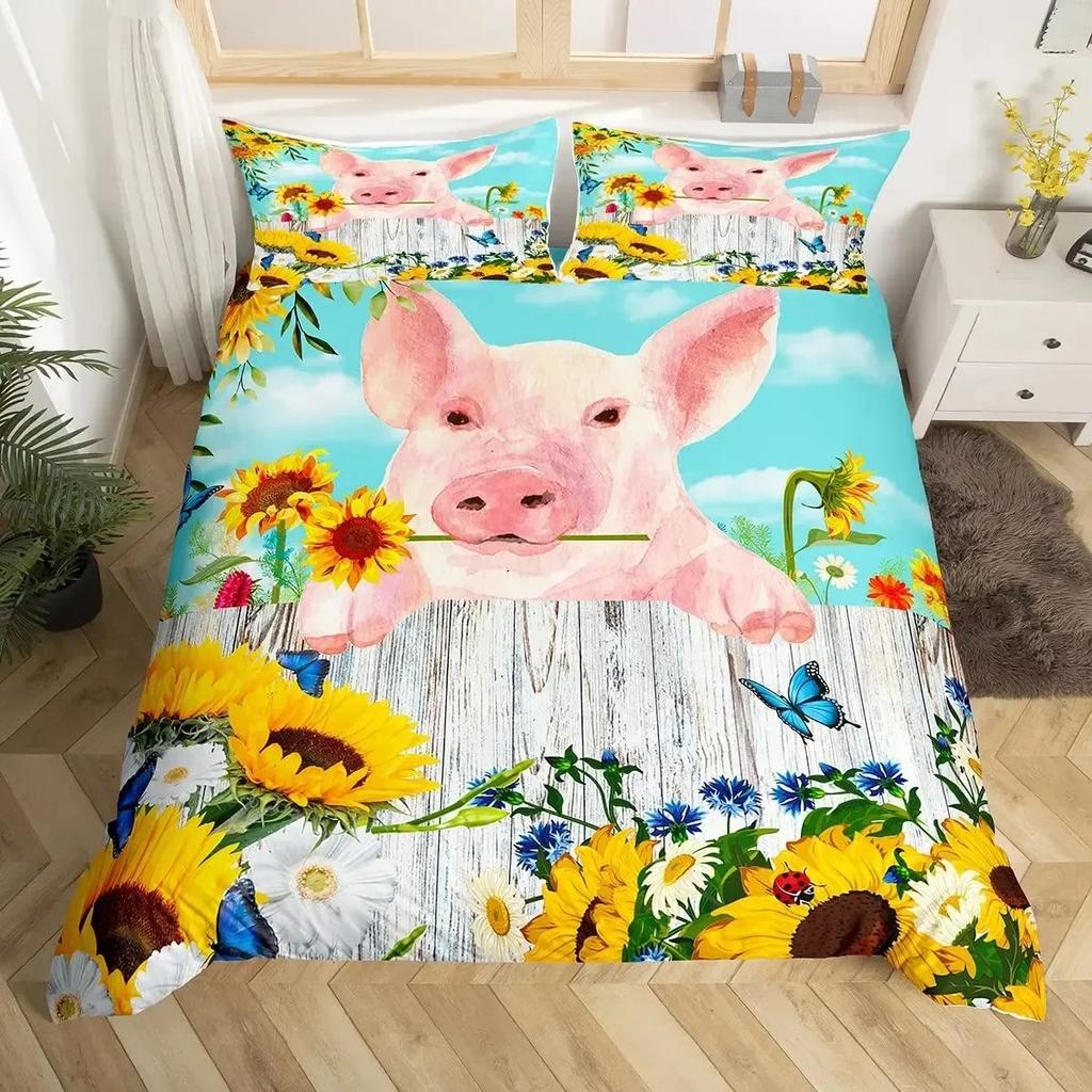 Cute Pig sunflowers Florals Pink Grid Lattice Plaid Comfortable Duvet Quilt Cover Pillowcase Bedding Set Bedroom Home Textile