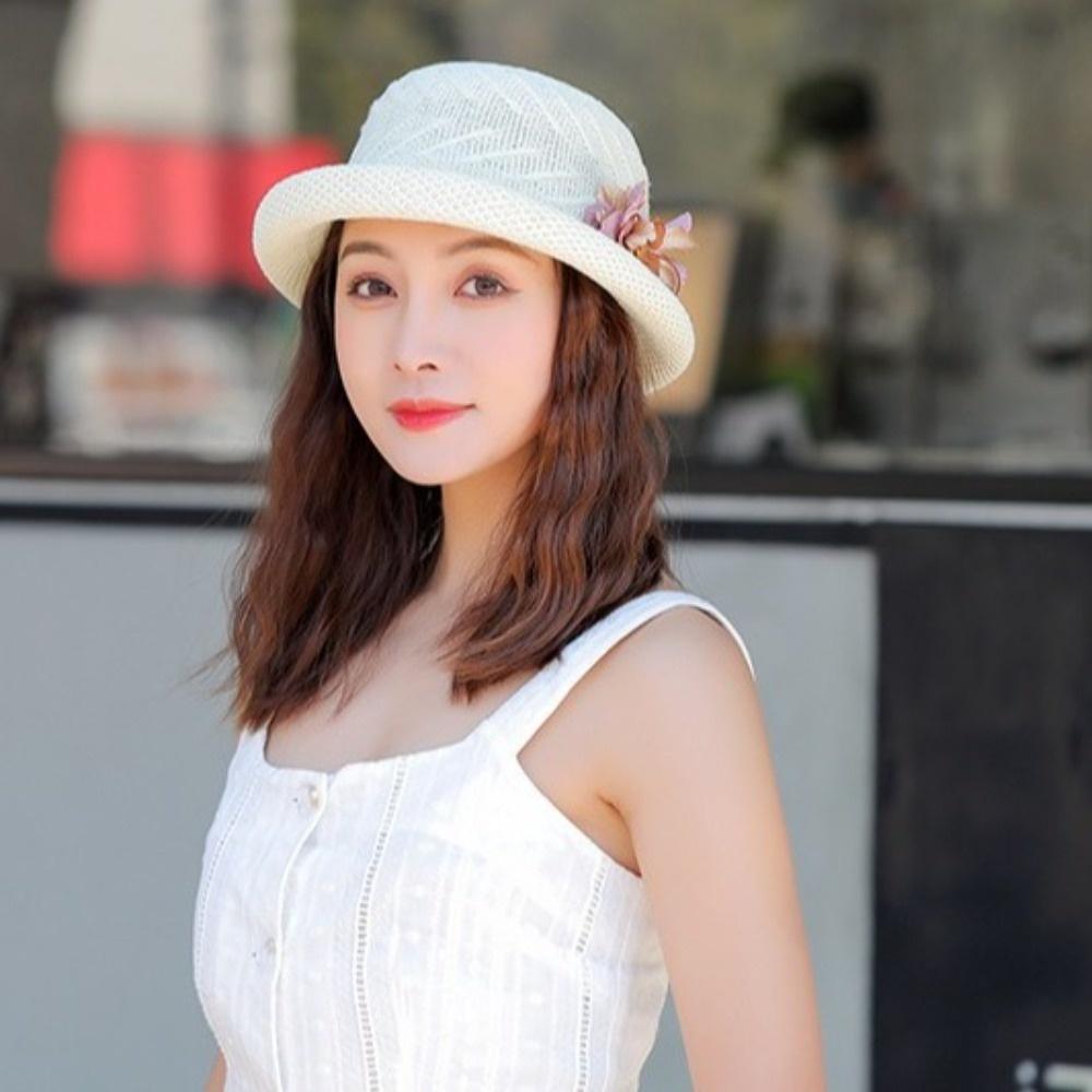 Rolled Brim Sunscreen Bucket Cap Solid Color Women Sun Cap Versatile Flower Fisherman Hat  Camping