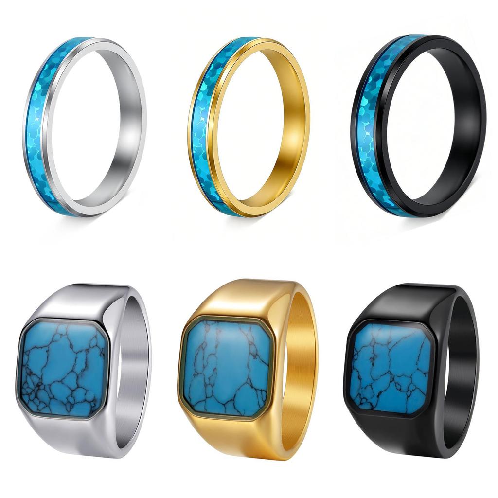 Cross-Border Stainless Steel Couple Wedding Rings with Turquoise, Opal & Seal Designs