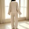 Women's 2 Piece Set - Striped Collar Long Sleeve Top with Flowy Wide Leg Pants for Casual Daily Wear