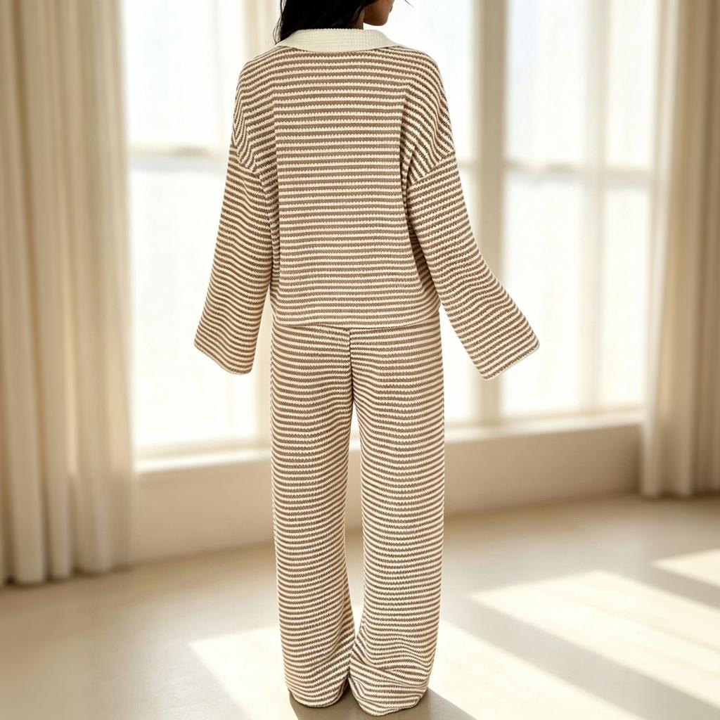 Women's 2 Piece Set - Striped Collar Long Sleeve Top with Flowy Wide Leg Pants for Casual Daily Wear