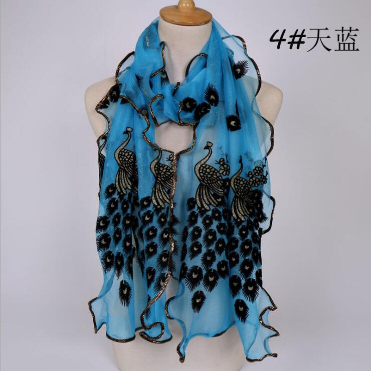 Women Chiffon Neck Scarf Flower Peacock Embroidered Lace Scarf Femmes Silk Long Soft Elegant Shawl New Spring Muffler Scarves