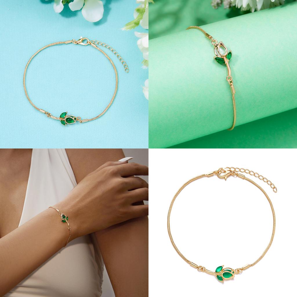 Elegant Tulip Flower Bracelet For Women With Copper Chain And Sparkling Stones