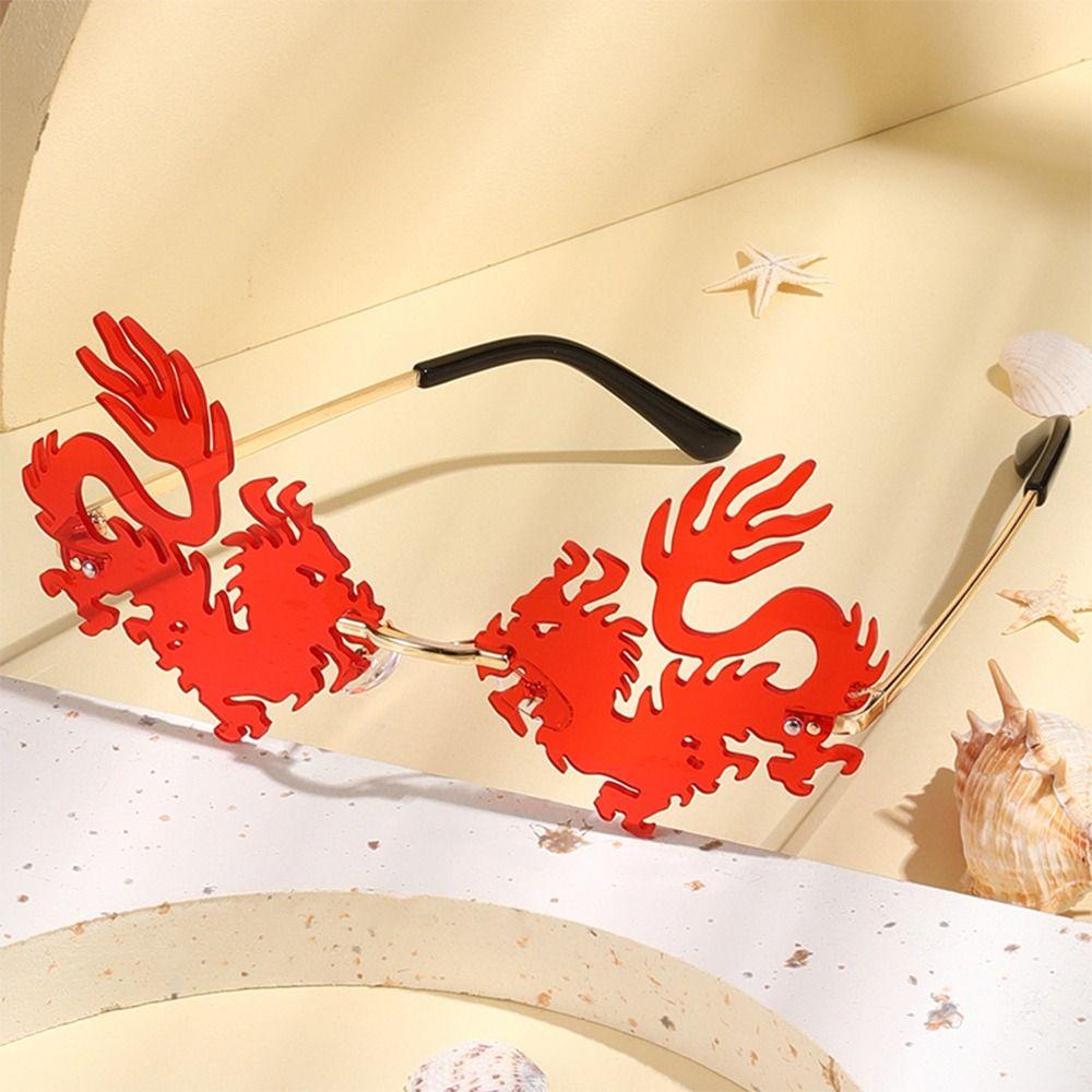 12Styles Chinese Dragon Shaped Sunglasses Metal Frame Rimless Sun Glasses Party Decor Glasses for Women Men UV400 Protection
