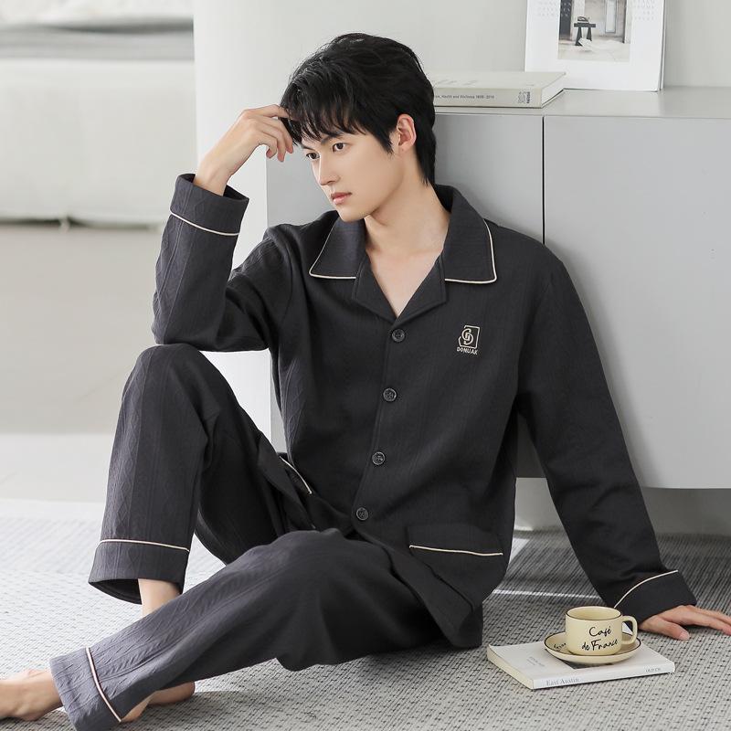 Pajamas Men'S Spring And Autumn Thickened Pure Cotton Long Sleeve Interlayer Air Cotton Homewear Men'S Autumn And Winter Thin Padded Cotton Suit