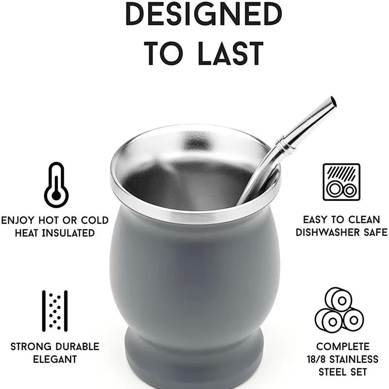230ML 304 Stainless Steel Mate Cup Double Wall 8oz with Bombillas and Cleaning Brush Double Walled Tea Cup Set