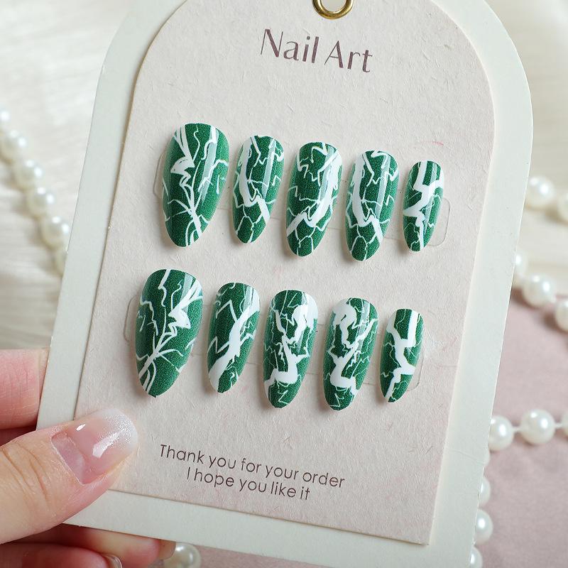 

Set of 24 Premium Green Almond Press-On Nails with Cracked Lightning Design - European & American Style