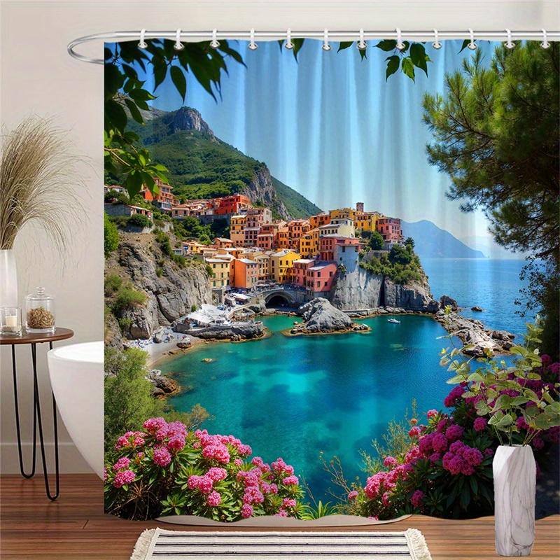1pc Cinque Terre Italy Village Shower Curtain - Vibrant Coastal Cliffs, Colorful Houses & Hydrangeas Scenic View, Durable Polyes