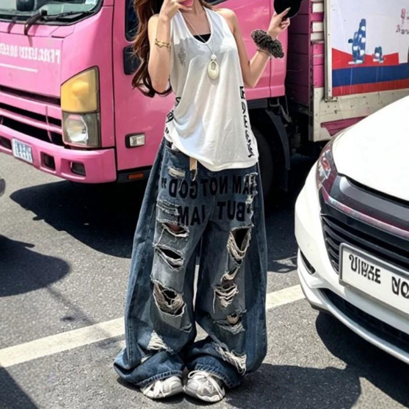 Womens American Style Distressed Wide Leg Jeans Retro Letter Print Streetwear Long Pants