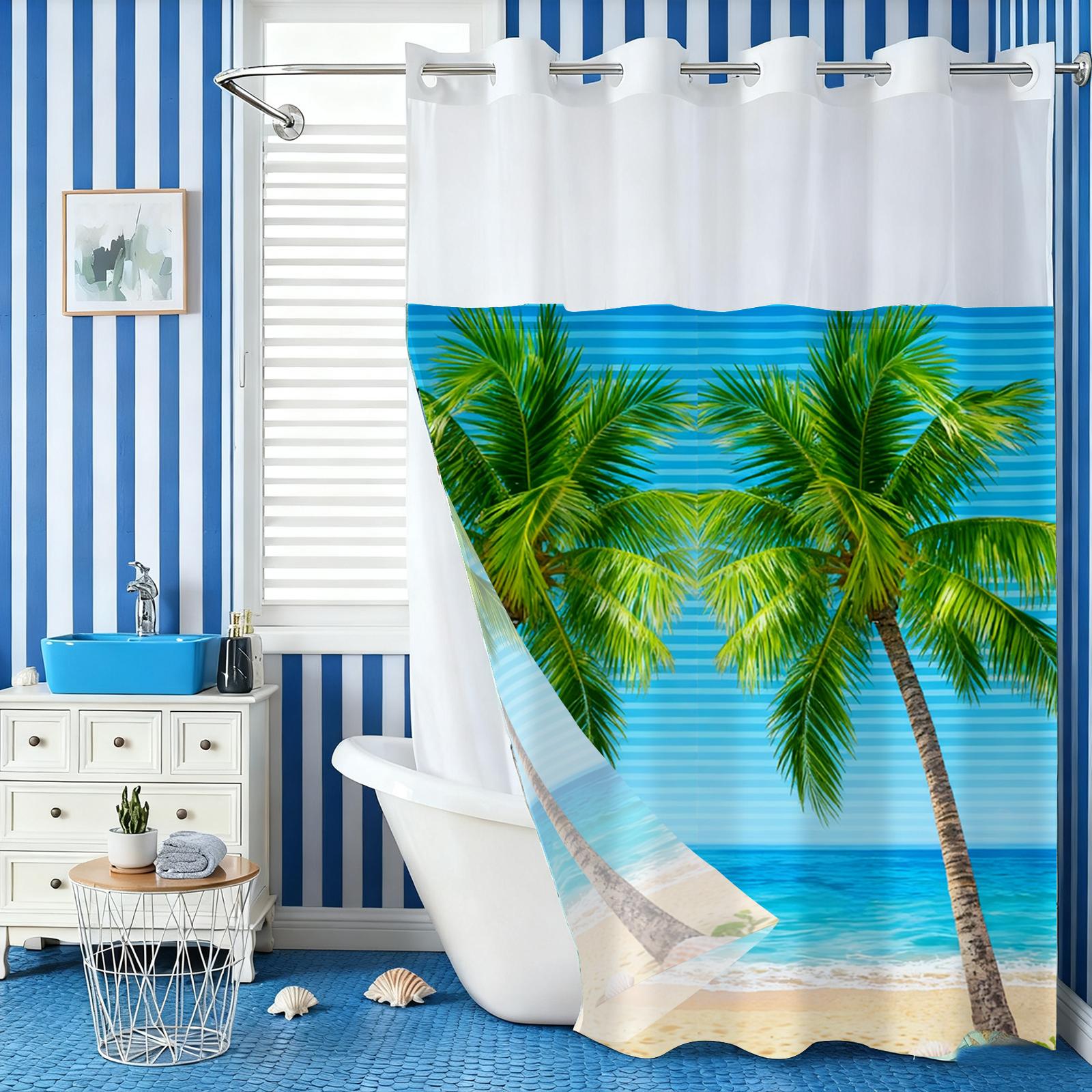 

No Hook Beach Coconut Tree Shower Curtain With Snap-In Fabric Liner, Sheer Top Window, Waterproof Double Layer Bathtub Curtain W60H190(CM)-1 Pcs